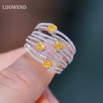 LUOWEND Кольца из белого Золота 18 Карат с настоящим Натуральным Желтым бриллиантом Обручальное Кольцо для женщин Свадебная Мода Двухслойный Квадратный дизайн