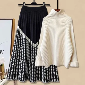Женские осенне-зимние теплые трикотажные комплекты-двойки, Корейский пуловер с длинным рукавом, свитер, топ и юбки с высокой талией, комплекты