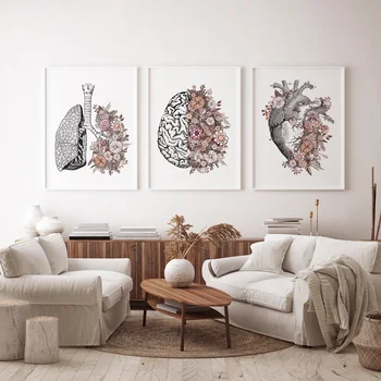Абстрактная Анатомия Цветок Мозг Сердце Легкие Настенное Искусство Холст Картина Офис Доктора Плакаты и принты Украшение дома в гостиной