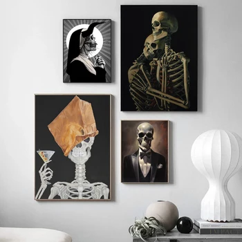 Скелет с плакатами и принтами из бокала для вина Висят в гостиной, картина на холсте, настенные художественные картины, украшение домашнего бара