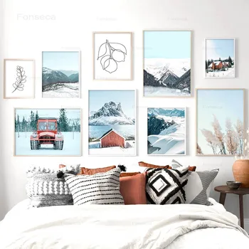 Дома, снежные горы, рисовые линии, настенное искусство, живопись на холсте, плакаты на скандинавскую тему и принты, настенные картины с пейзажами для декора гостиной
