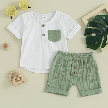 Летняя Одежда для маленьких мальчиков, льняные шорты, однотонная футболка с коротким рукавом и пуговицами, комплект повседневной одежды