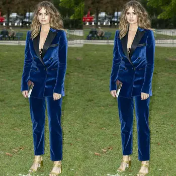 Синий бархатный женский брючный костюм, комплект из 2 предметов, Двубортный блейзер для вечеринки, выпускного вечера, модного ужина, нестандартного размера