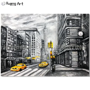 Профессиональный художник Ручной работы, бело-черный абстрактный автомобильный пейзаж, картина маслом на холсте, вид на улицу Нью-Йорка, художественные картины