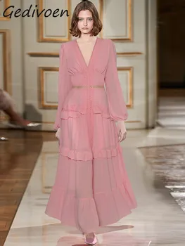 Gedivoen/ Весеннее модное Розовое винтажное вечернее платье для подиума, женское платье с глубоким V-образным вырезом, высокой талией, оборками, тонкое макси-платье с пайетками