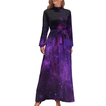 Платье с принтом Galaxy Sky, высокая талия, Звездное пространство, пляжные платья в стиле бохо, эстетичное длинное платье макси с длинным рукавом, винтажные платья Vestidos