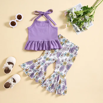 Летняя одежда для маленьких девочек, жилет с воротником-стойкой и открытой спиной, топ с цветочным принтом, расклешенные брюки, 2 предмета одежды для малышей