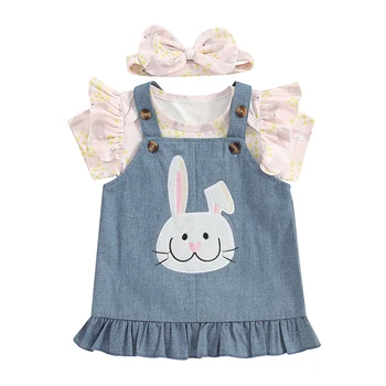 Пасхальный наряд для девочки Платье с кроликом для новорожденных Комбинезон с кроликом с коротким рукавом Джинсовый комбинезон Повязка на голову Пасхальная одежда для девочек