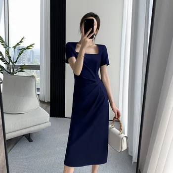 Летнее женское платье, элегантное платье с коротким рукавом, тонкая юбка с высокой талией и квадратным воротником, элегантная юбка для похудения, синяя юбка для поездок на работу