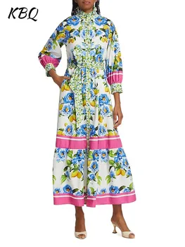 KBQ-Женское платье с цветочным принтом, Воротник-стойка, Длинный рукав, Высокая талия, В стиле пэчворк, На шнуровке, Платья с разрезом, Женская одежда