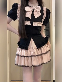 Французский милый дизайн с милым бантом, нишевые топы, женские летние японские облегающие рубашки большого размера с короткими рукавами, эстетичный освежающий вид