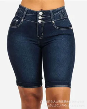 Твист-деталь Джинсовые шорты с высокой талией и пуговицами, женские Сексуальные модные повседневные джинсовые шорты, Брюки Slim Skinny