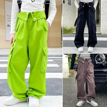 Джинсы для девочек на весну-осень, модная детская одежда, детские однотонные брюки, подростковые свободные джинсовые брюки с эластичной резинкой на талии, 5-14 лет