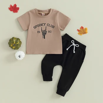 Комплекты одежды для маленьких мальчиков на Хэллоуин с буквенным принтом руки скелета, футболки с короткими рукавами и длинные брюки, комплект одежды из 2 предметов
