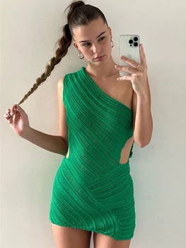 Женское платье TEMUSCOLA с диагональным воротником и вырезом на одно плечо, сексуальное Трикотажное Облегающее Зеленое мини-платье с открытой спиной, Повседневная женская клубная одежда
