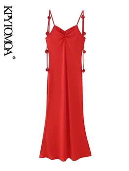 KPYTOMOA-Женское присборенное платье миди с цветочными аппликациями, сексуальные бретельки без спинки, Женские платья, мода