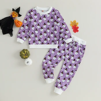 BeQeuewll 2 шт., милые наряды для маленьких мальчиков на Хэллоуин, толстовка и штаны с принтом летучей мыши и призрака с длинным рукавом, комплект детской одежды