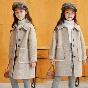 Весенне-осенняя куртка с длинным рукавом для девочек от 3 до 14 лет, Детская одежда, Корейское плотное шерстяное пальто, цельная верхняя одежда, Детское модное пальто 2023