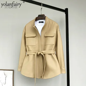 Куртки из натуральной кожи для женской одежды, осень 2023, новый пояс, рабочая одежда из натуральной овчины среднего размера, тренч famel FCY