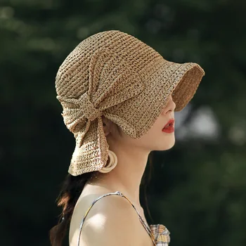 2023 Новая солнцезащитная шляпа с бантом из рафии, широкие летние шляпы с гибкими полями Для женщин, складная пляжная панама, соломенная шляпа-ведро с куполом, женская шляпа-козырек