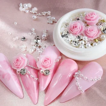 3D Подвески для ногтей в виде розовой розы, украшения из горного хрусталя, жемчуга, драгоценные камни, Детали для ногтей, Аксессуары для ногтей, принадлежности для маникюра на День Святого Валентина