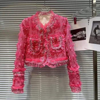 2023 Осень-Зима, Новые ароматные стильные пальто, Яркая шелковая розовая благородная женская куртка с пайетками