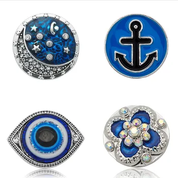 Новая красота Синий стиль Цветок Звезды Глаз Якорь Круглые 18 мм кнопки-защелки подходят для DIY 18 мм браслет-защелка ювелирный подарок