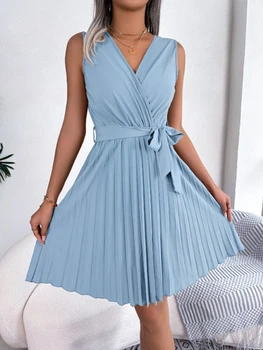 Новое элегантное летнее плиссированное вечернее платье в стиле ретро 2023 года без рукавов, Однотонное, Приталенное, Свободное, Винтажное, расклешенное платье для подиума 60-х годов