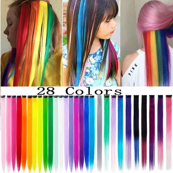 Синтетические заколки цвета радуги в волосах, Цельные Прямые Цветные наращивание волос 22 