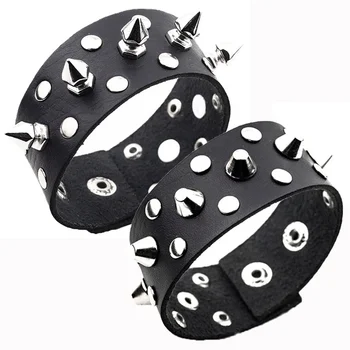 Черный Кожаный браслет на пуговицах в стиле панк с шипами-заклепками и широким 3-сантиметровым крутым браслетом для женщин Оптом