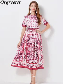 Модное дизайнерское летнее платье с круглым вырезом, коротким рукавом, винтажным принтом, тонкое длинное платье трапециевидной формы