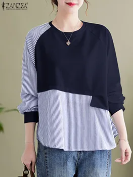 ZANZEA/ Осенние толстовки, женский пуловер, повседневная рабочая рубашка OL, модная весенняя блузка с длинным рукавом и круглым вырезом, стильные топы в стиле пэчворк.