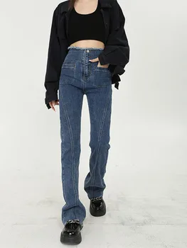Синие расклешенные джинсы Harajuku с высокой талией, женские винтажные расклешенные джинсовые брюки, Женская уличная одежда, повседневные Длинные узкие джинсовые брюки 2022 года выпуска