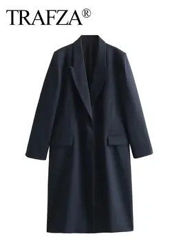 Модные женские куртки TRAFZA, новые весенне-осенние свободные длинные пальто с однотонными отворотами, женская повседневная текстурированная верхняя одежда, женское пальто