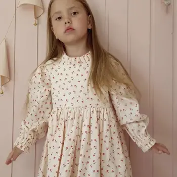 Весенне-осеннее платье трапециевидной формы из чистого хлопка в британском стиле для отдыха в 2023 году для девочек, детское платье в цветочек, платья для девочек в цветочек