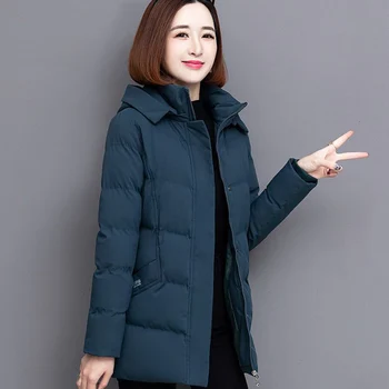 Тонкое Женское хлопковое пальто средней длины с капюшоном, зимняя модная элегантная Корейская утепленная куртка, Офисная Женская простота, теплые парки