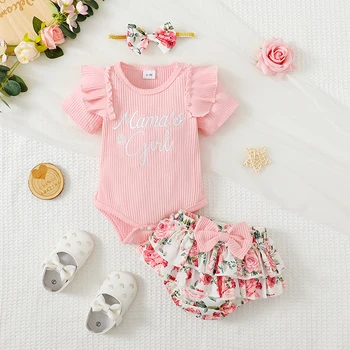 Одежда для новорожденных девочек Mamas Girl, комплект летней одежды из 3 предметов, комбинезон с короткими рукавами и оборками, Шорты с цветочным рисунком, повязка на голову