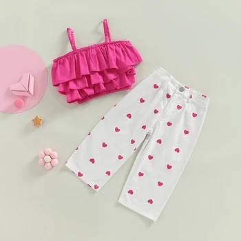 Комплекты летней одежды для малышей и маленьких девочек, однотонные многослойные топы с оборками, укороченные топы + джинсы с принтом в виде сердца, Длинные брюки