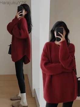Корейский модный свитер, Женский Элегантный Повседневный Свободный Вязаный пушистый пуловер, Осенне-зимний трикотаж с длинным рукавом Оверсайз