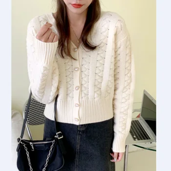 Женский кардиган, смешанный свитер, женская куртка, осень 2023, новый корейский модный короткий свитер с длинным рукавом и V-образным вырезом, кардиган, свитер