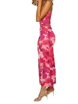 Женские летние юбки из 2 предметов, укороченные топы без бретелек с цветочным рисунком и эластичная длинная юбка, уличная одежда