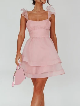 Женское пышное мини-платье без рукавов с рюшами на ремешке, однотонное струящееся платье, милое вечернее платье