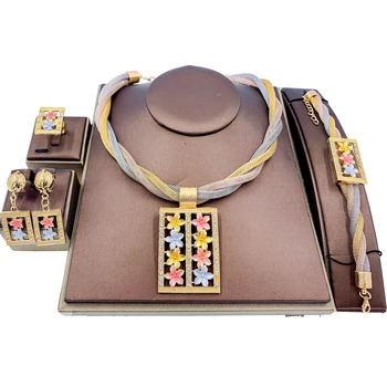 Модный Ювелирный набор Dubai с цветочным кулоном, ожерелье, Браслет, Серьги, Кольцо для женщин, Винтажный подарок на свадьбу