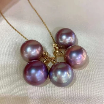 Массивное 18-каратное золото, круглые 12-13 мм подвески из пресноводного темно-фиолетового жемчуга, ожерелья для женщин, изысканные подарки