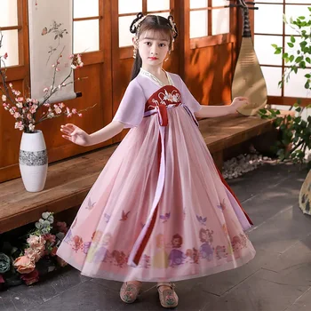 Шифоновое платье Hanfu для девочек, детская летняя одежда, костюм принцессы Тан в китайском стиле, V-образный вырез, короткий рукав, костюм с вышивкой и принтом