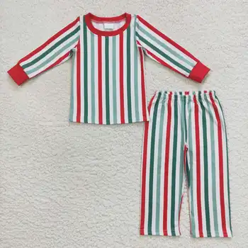 Оптовая продажа детской одежды горячей продажи красный зеленый и белый в полоску с длинными рукавами, брючный костюм наряд пижамы 