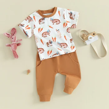 Пасхальные наряды для маленьких девочек и мальчиков, футболки с короткими рукавами с морковным кроликом, длинные брюки с эластичной резинкой на талии, комплект одежды из 2 предметов