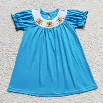 Оптовая продажа детской одежды для маленьких девочек, детской одежды с вышивкой, турецкого синего цвета, платья с короткими рукавами, юбка в западном стиле