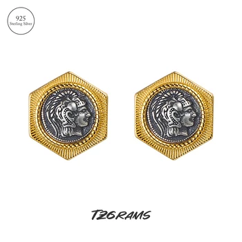 Золотые серьги-гвоздики с винтажной Рыцарской Камеей и монетой для женщин из настоящего Серебра 925 Пробы, Геометрические серьги, модные украшения