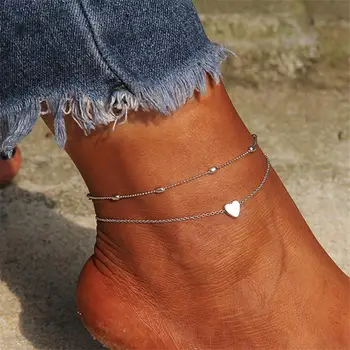 Простые женские браслеты на лодыжке в виде сердца Серебряные браслеты для женщин Украшения на ногу Пляжные аксессуары Цепочка Cheville Подарки
